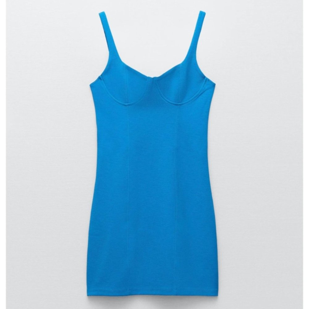Zara Corset Stitch Mini Bodycon Blue Dress S - NEW